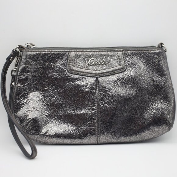 Coach Metallic Pewter Silver Zip Closed Wristlet - Picture 2 of 7